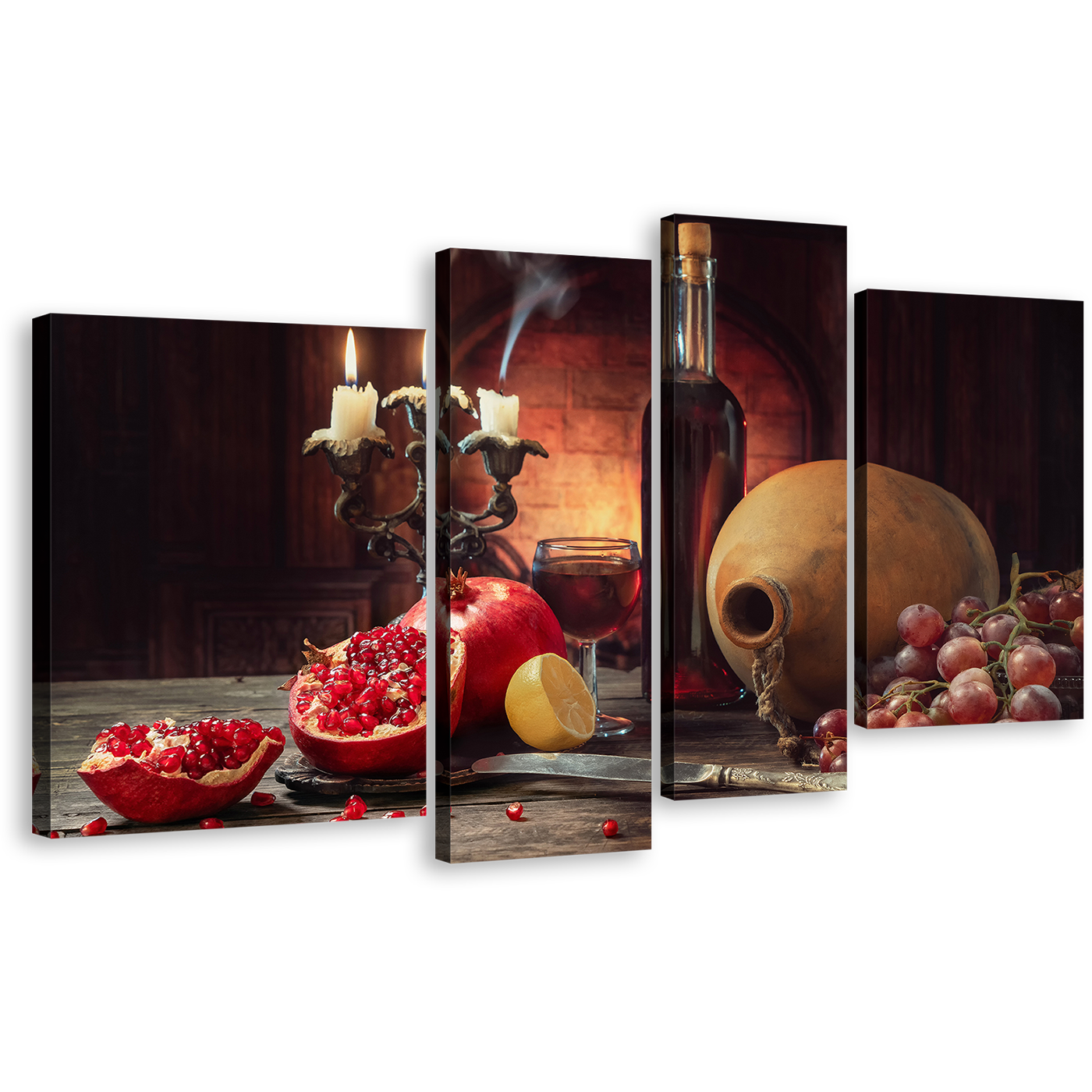 Wine Fruits Canvas Canvas Wall Art, Red Wine Candlelight 4 Piece Canvas Print, Colorful Still Life Wine Bottle Multi Canvas Artwork