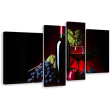 Load image into Gallery viewer, Wine Fruits Canvas Wall Art, Black Wine Bottle Grapes 4 Piece Multi Canvas, Still Life Wine Canvas Print, Red Wine Glass Canvas Set
