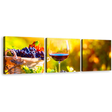 Load image into Gallery viewer, Wine Fruits Canvas Wall Art, Glass of Wine at Sunset Multiple Canvas, Wine in Yellow Autumn Canvas Set, Colorful Wine and Grapes 3 Piece Canvas Print
