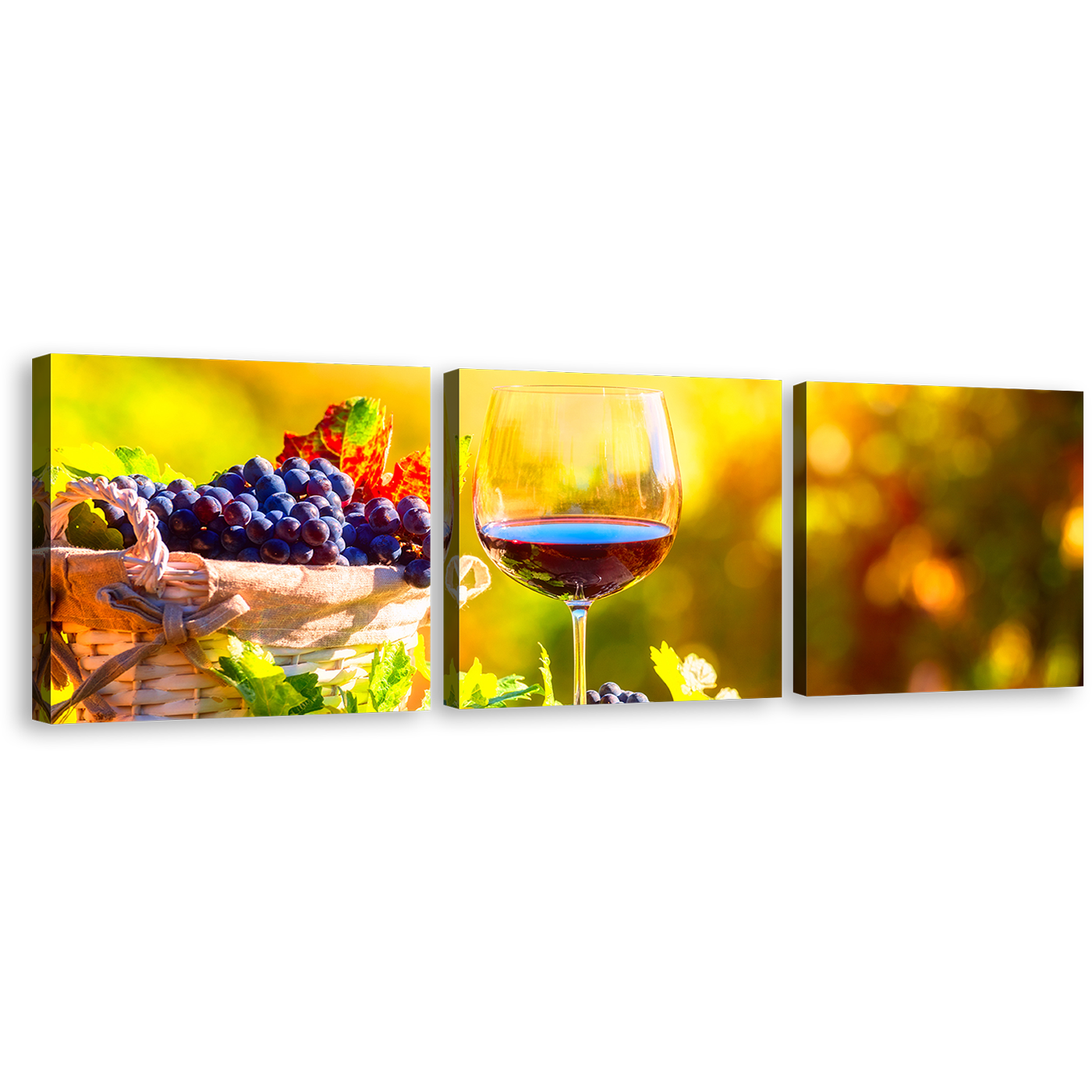 Wine Fruits Canvas Wall Art, Glass of Wine at Sunset Multiple Canvas, Wine in Yellow Autumn Canvas Set, Colorful Wine and Grapes 3 Piece Canvas Print