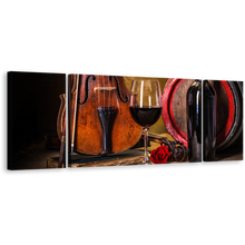 Load image into Gallery viewer, Wine Glass Canvas Print, Brown Violin With Red Wine 3 Piece Canvas Wall Art, Black Wine Bottle Canvas Set
