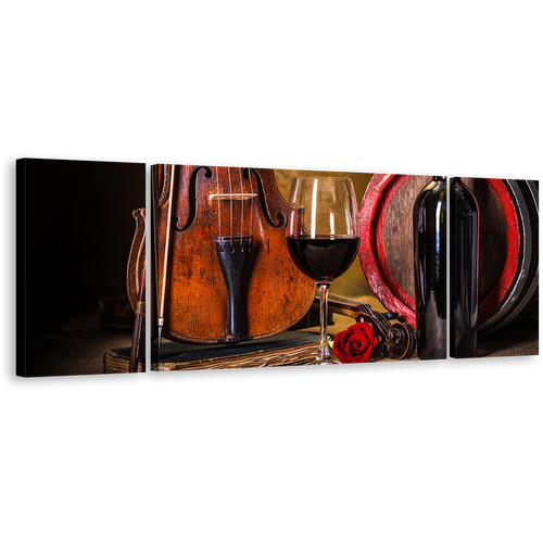 Wine Glass Canvas Print, Brown Violin With Red Wine 3 Piece Canvas Wall Art, Black Wine Bottle Canvas Set