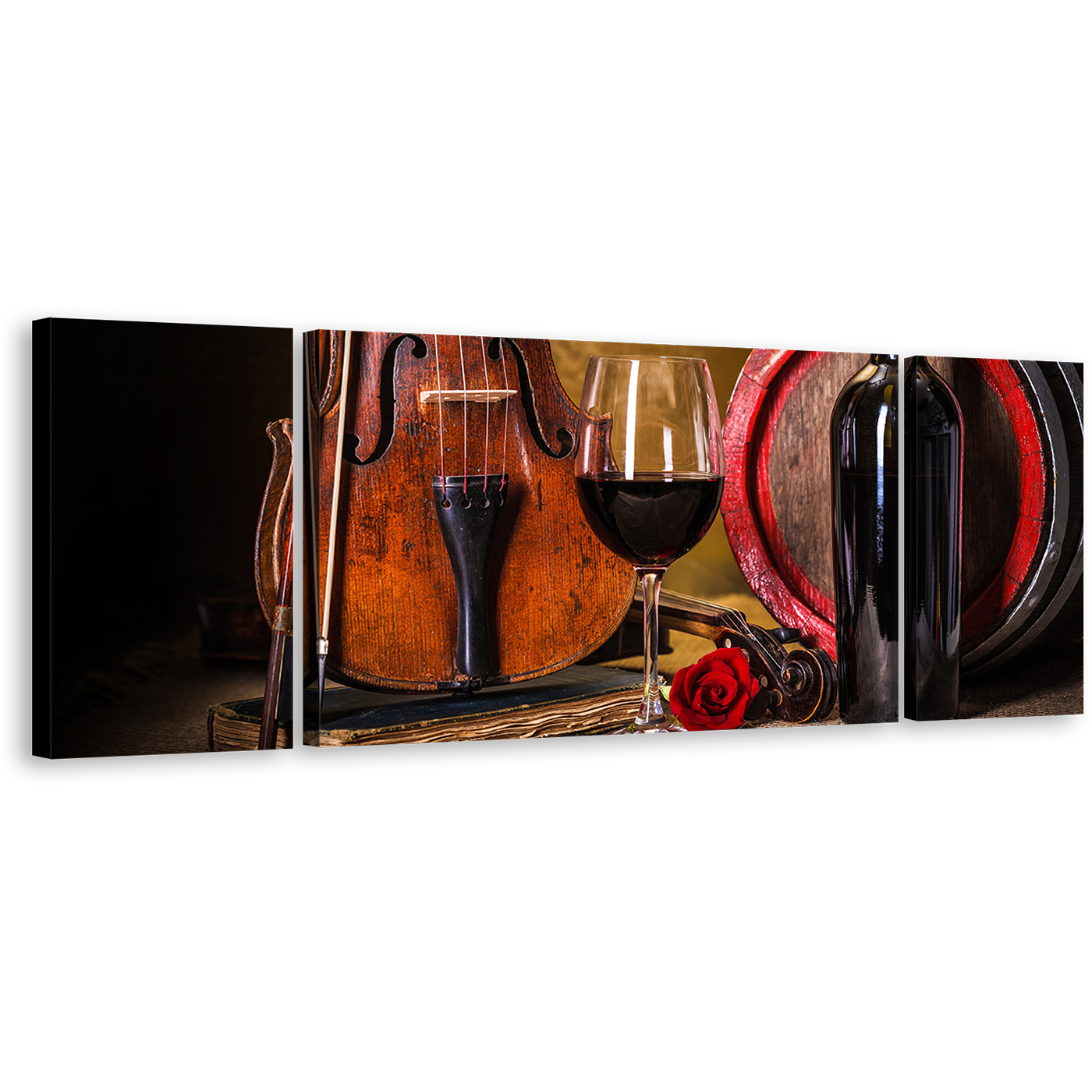 Wine Glass Canvas Print, Brown Violin With Red Wine 3 Piece Canvas Wall Art, Black Wine Bottle Canvas Set