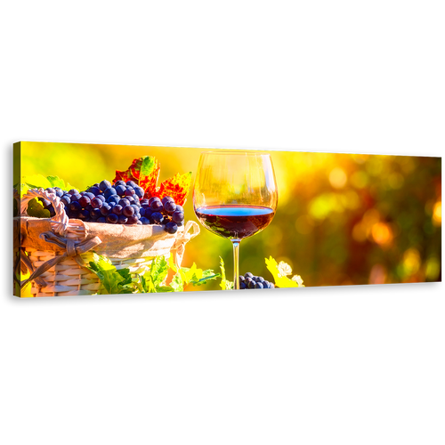 Wine Glass Canvas Print, Colorful Wine Fruits Canvas Artwork, Glass of Wine at Sunset 1 Piece Canvas Wall Art, Wine in Yellow Autumn Wide Canvas