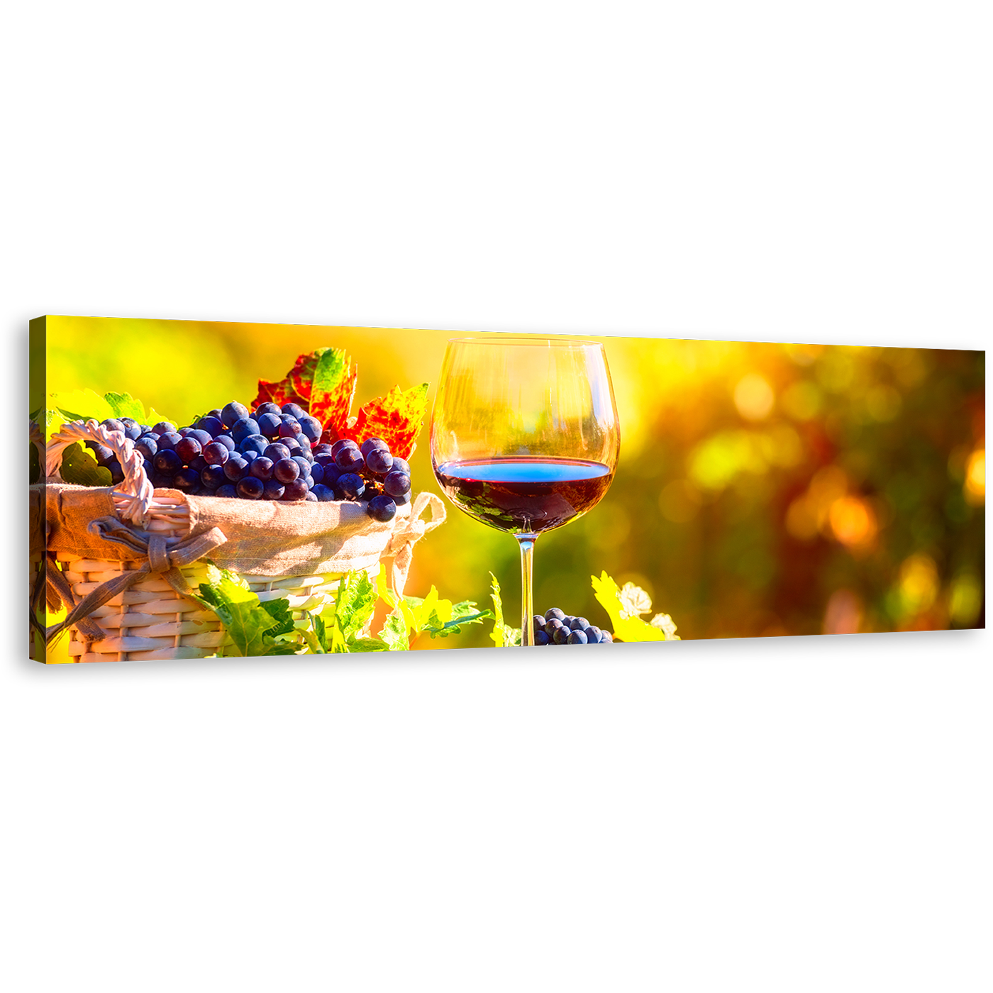 Wine Glass Canvas Print, Colorful Wine Fruits Canvas Artwork, Glass of Wine at Sunset 1 Piece Canvas Wall Art, Wine in Yellow Autumn Wide Canvas