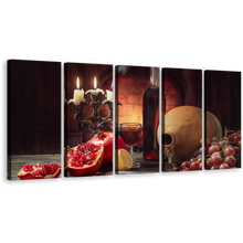 Load image into Gallery viewer, Wine Glass Canvas Wall Art, Colorful Still Life Grapes Wine Canvas Print, Red Fruits and Candles 5 Piece Canvas
