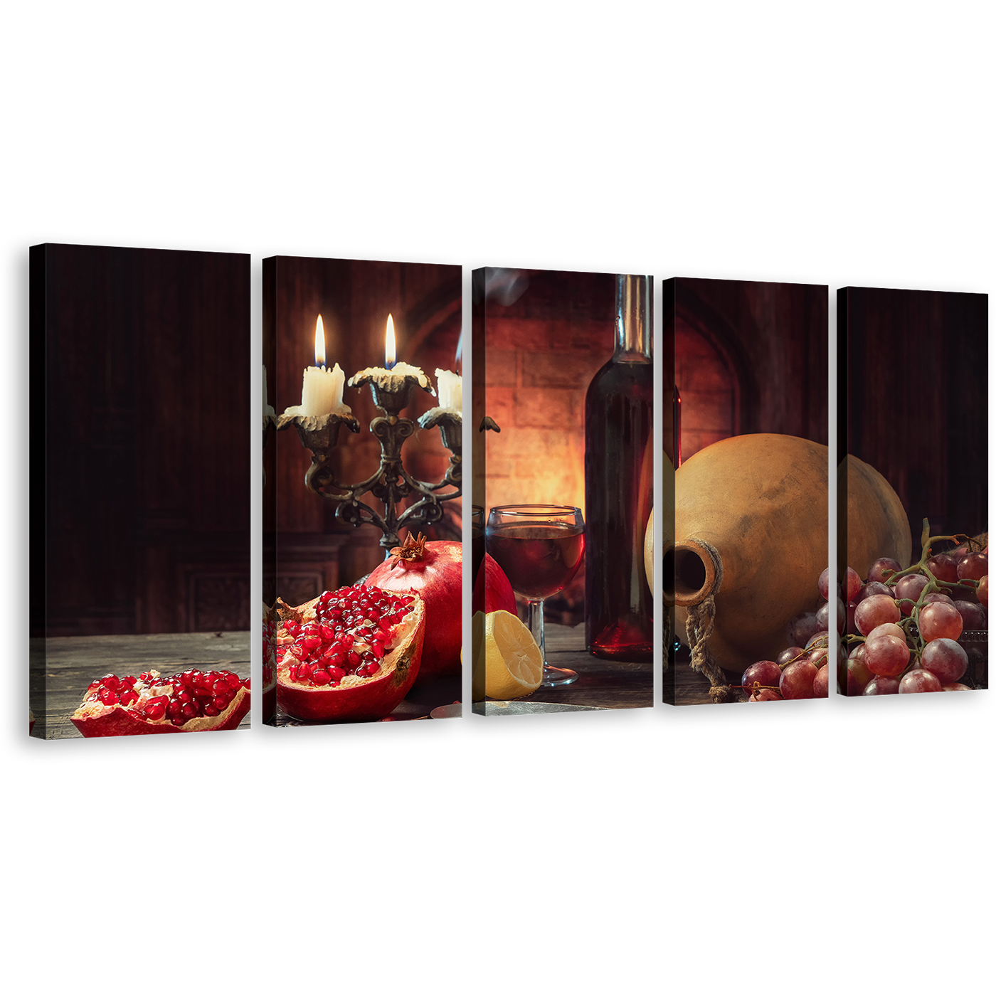 Wine Glass Canvas Wall Art, Colorful Still Life Grapes Wine Canvas Print, Red Fruits and Candles 5 Piece Canvas