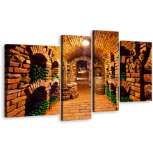 Load image into Gallery viewer, Wine Glasses Canvas Wall Art, Green Wine Bottles 4 Piece Canvas Print, Orange Brown Wine Cellar Multiple Canvas
