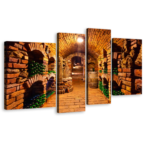 Wine Glasses Canvas Wall Art, Green Wine Bottles 4 Piece Canvas Print, Orange Brown Wine Cellar Multiple Canvas