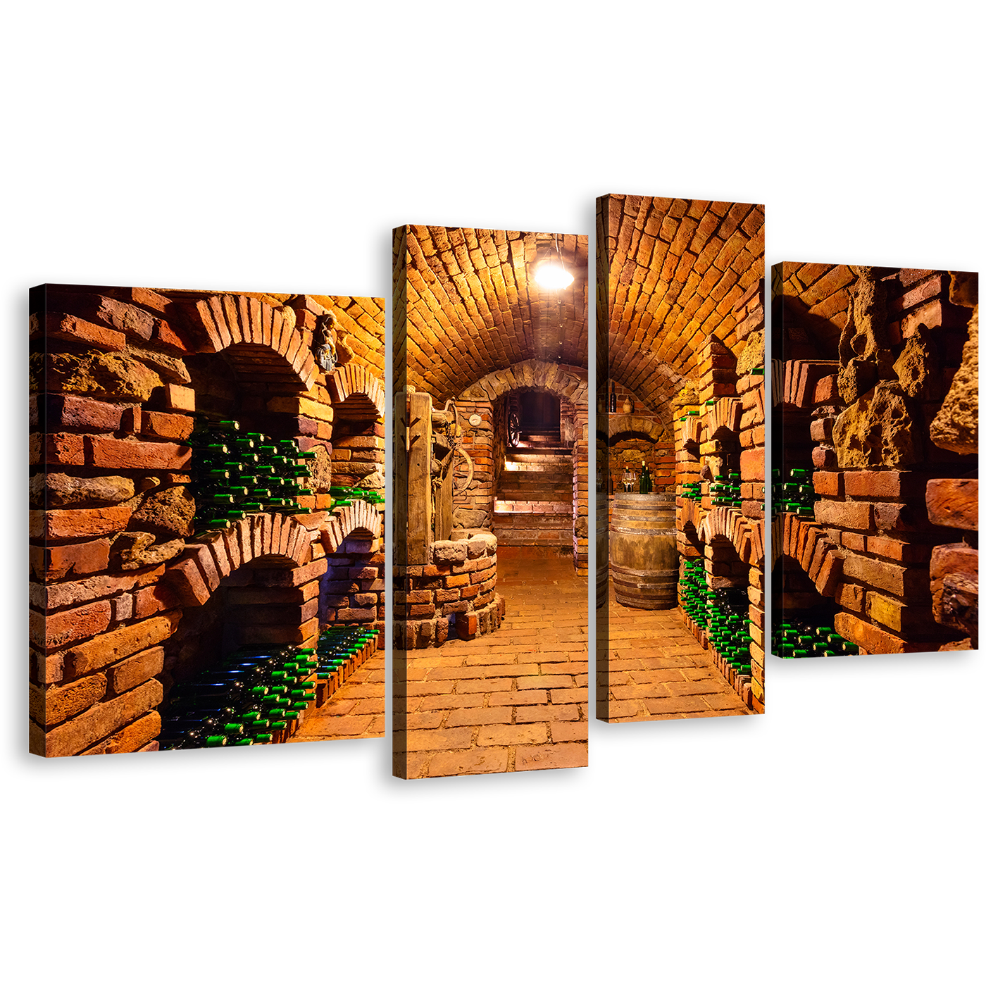 Wine Glasses Canvas Wall Art, Green Wine Bottles 4 Piece Canvas Print, Orange Brown Wine Cellar Multiple Canvas