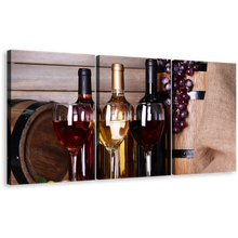 Load image into Gallery viewer, Wine Glasses Canvas Wall Art, Red White Wine Bottles Canvas Set, Still Life Flat Wine Barrel 3 Piece Canvas Print
