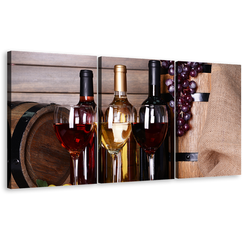 Wine Glasses Canvas Wall Art, Red White Wine Bottles Canvas Set, Still Life Flat Wine Barrel 3 Piece Canvas Print