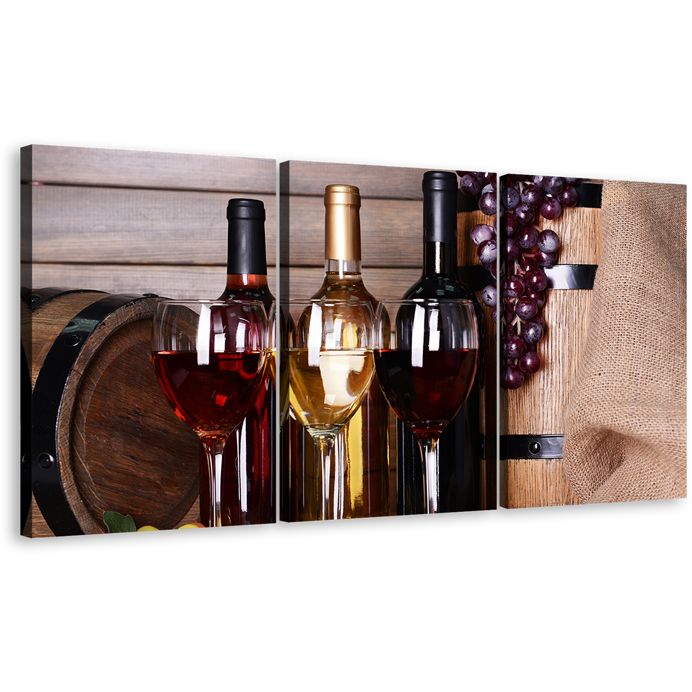 Wine Glasses Canvas Wall Art, Red White Wine Bottles Canvas Set, Still Life Flat Wine Barrel 3 Piece Canvas Print