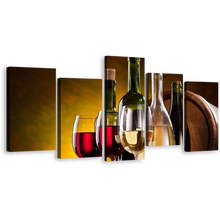 Load image into Gallery viewer, Wine Glasses Canvas Wall Art, Red and White Wine Drink 5 Piece Multi Canvas Artwork, Green Alcohol Bottles Canvas Print
