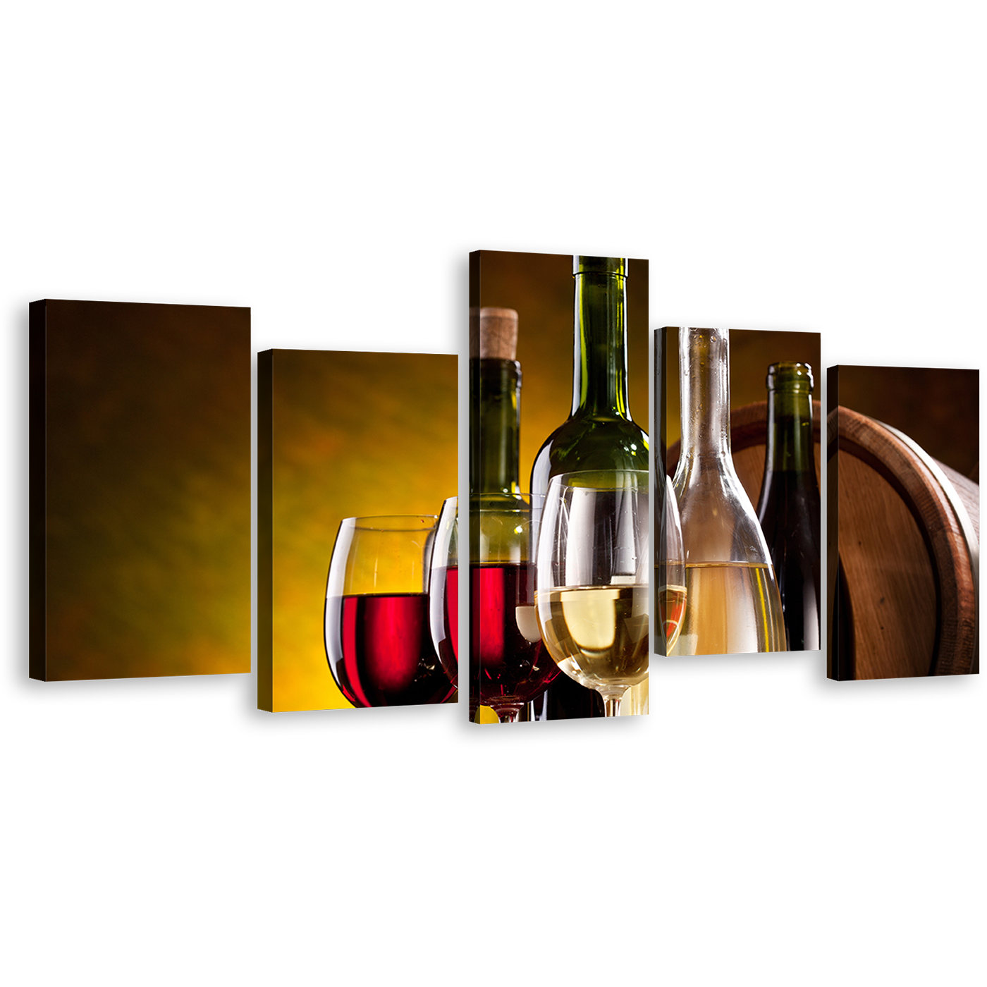 Wine Glasses Canvas Wall Art, Red and White Wine Drink 5 Piece Multi Canvas Artwork, Green Alcohol Bottles Canvas Print