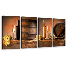 Load image into Gallery viewer, Wine Grapes Canvas Print, Orange Background Wine Drink Multi Canvas Artwork, Brown Alcoholic Barrels 4 Piece Canvas Wall Art
