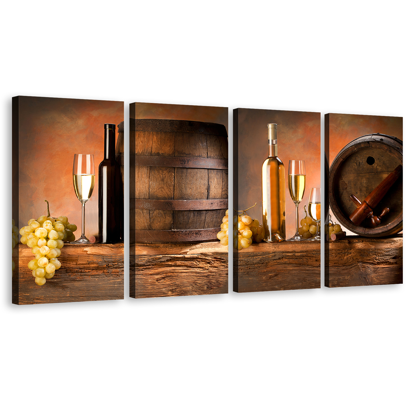 Wine Grapes Canvas Print, Orange Background Wine Drink Multi Canvas Artwork, Brown Alcoholic Barrels 4 Piece Canvas Wall Art