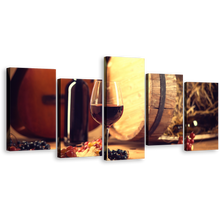 Load image into Gallery viewer, Wine Grapes Canvas Wall Art, Wine Bottle and Brown Guitar 5 Piece Canvas Print, Red Wine Glass Multi Canvas Artwork
