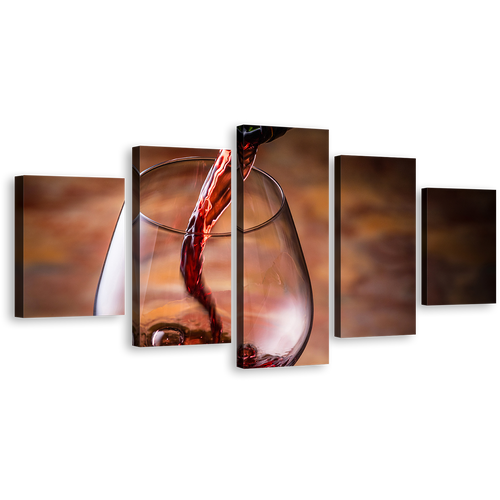 Wine Pouring Canvas Wall Art, Black Wine Bottle Canvas Set, Red Wine Glass Close Up 5 Piece Canvas Print