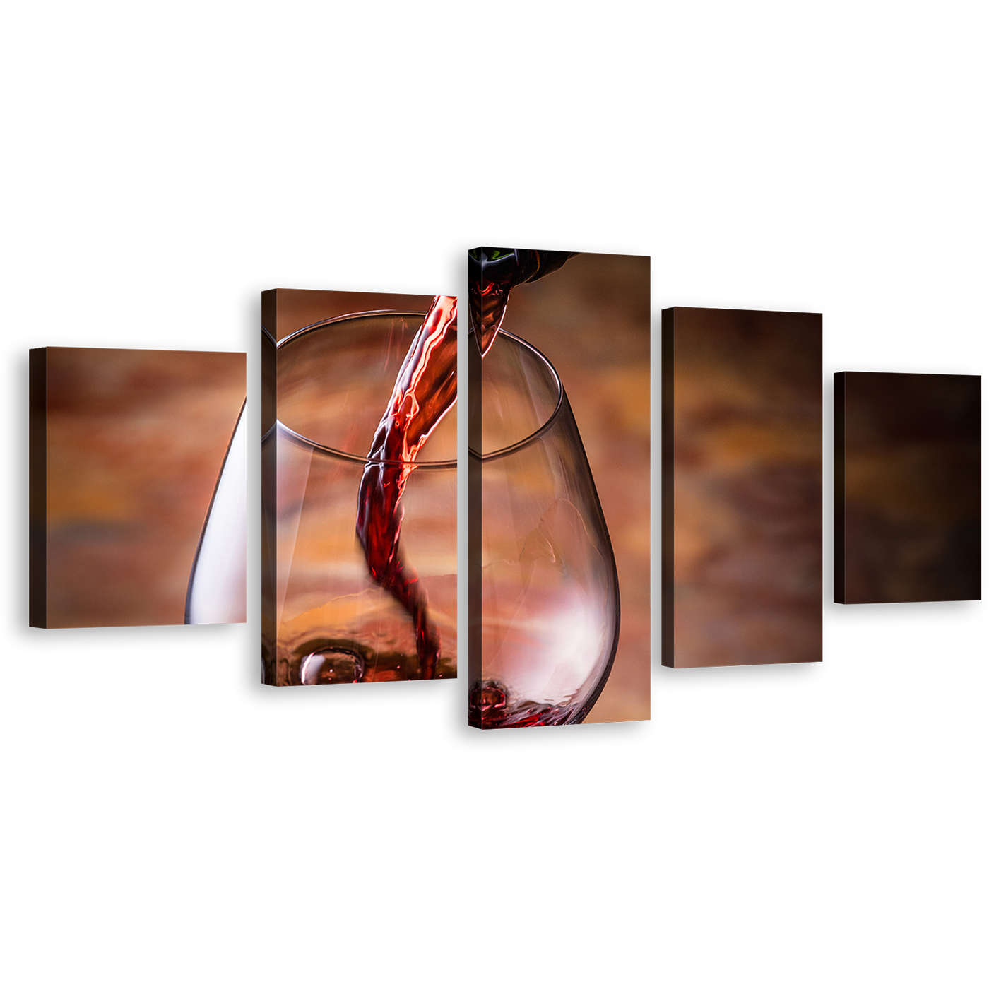 Wine Pouring Canvas Wall Art, Black Wine Bottle Canvas Set, Red Wine Glass Close Up 5 Piece Canvas Print