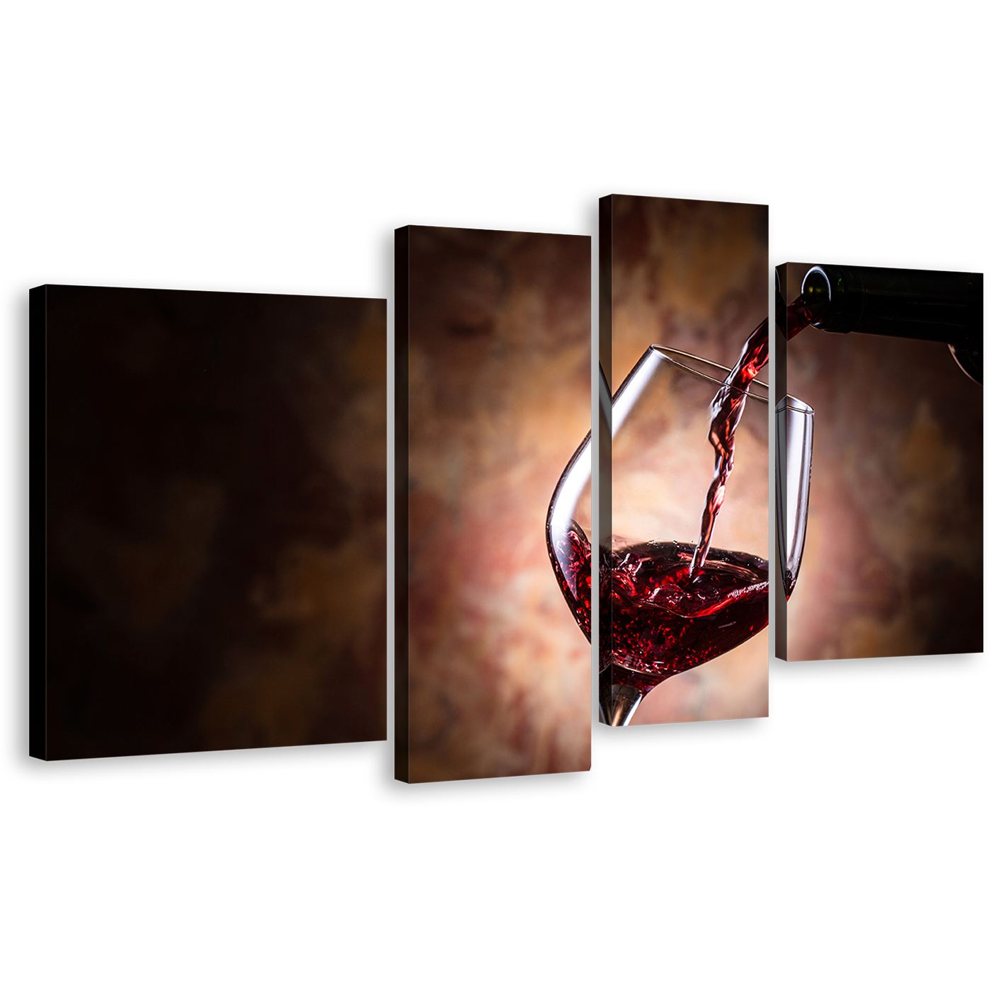 Wine Pouring Canvas Wall Art, Black Wine Bottle Winery Canvas Set, Red Wine Glass Close Up 4 Piece Canvas Print