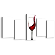 Load image into Gallery viewer, Wine Splashing Canvas Wall Art, Red Wine Poured 5 Piece Canvas Set, White Background Wine Glass Multi Canvas Artwork
