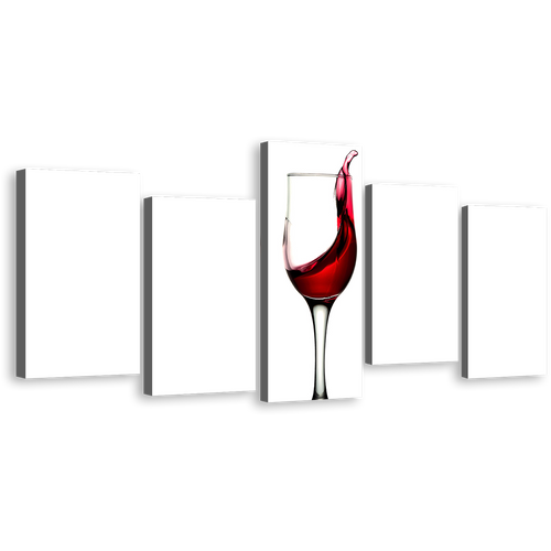 Wine Splashing Canvas Wall Art, Red Wine Poured 5 Piece Canvas Set, White Background Wine Glass Multi Canvas Artwork