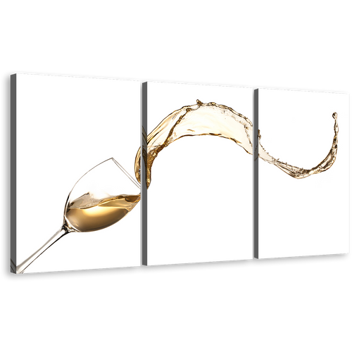 Wine Wave Canvas Wall Art, Splashing Yellow Wine 3 Piece Canvas Print, Isolated White Wine Glass Multi Canvas Artwork