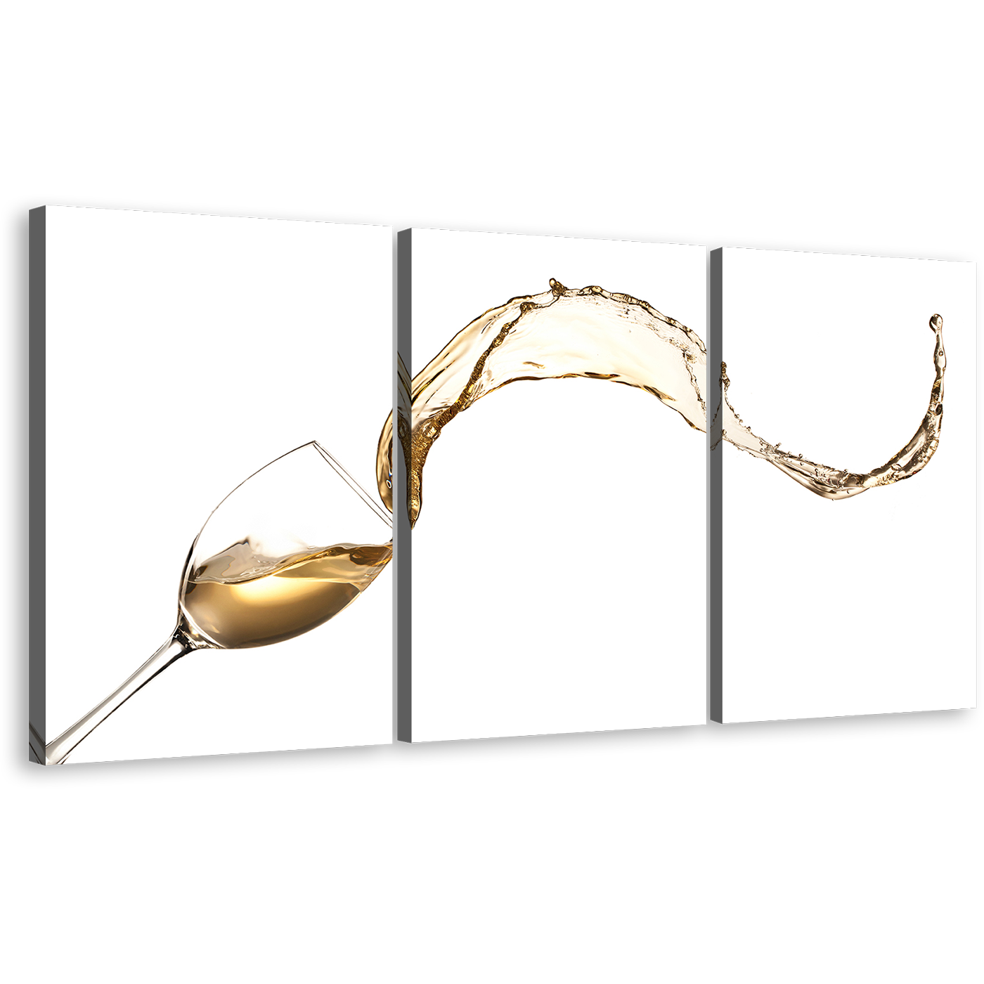 Wine Wave Canvas Wall Art, Splashing Yellow Wine 3 Piece Canvas Print, Isolated White Wine Glass Multi Canvas Artwork