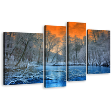 Load image into Gallery viewer, Winter Forest Canvas Print, Beautiful White Forest Trees Wall Art, Blue Water and Orange Sunset Sky 4 Piece Multiple Canvas
