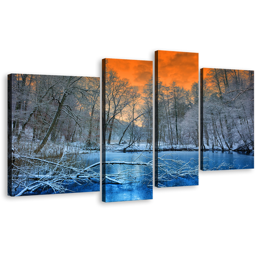 Winter Forest Canvas Print, Beautiful White Forest Trees Wall Art, Blue Water and Orange Sunset Sky 4 Piece Multiple Canvas