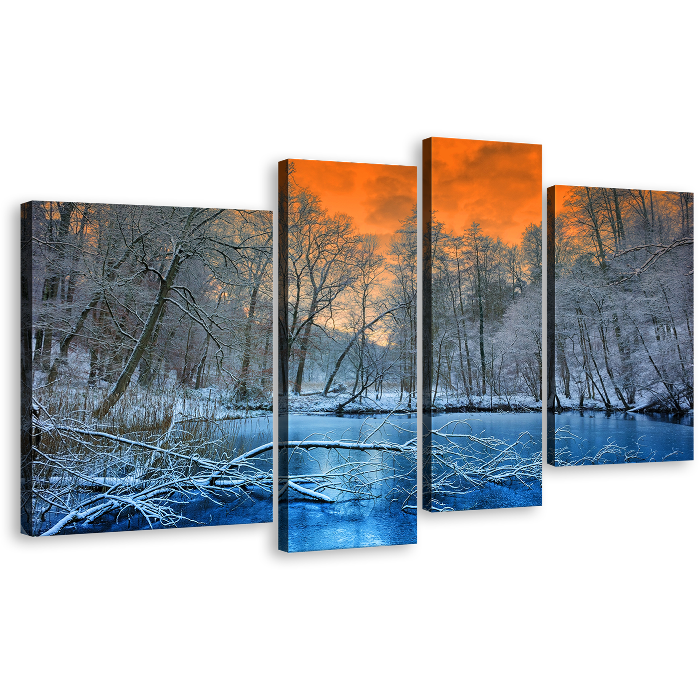 Winter Forest Canvas Print, Beautiful White Forest Trees Wall Art, Blue Water and Orange Sunset Sky 4 Piece Multiple Canvas