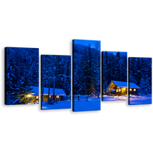 Load image into Gallery viewer, Winter Forest Canvas Print, Yellow Cabin Lights Snowy Nature Wall Art, Blue Night Trees Scenery 5 Piece Canvas Set
