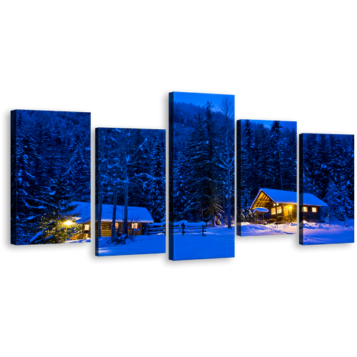 Winter Forest Canvas Print, Yellow Cabin Lights Snowy Nature Wall Art, Blue Night Trees Scenery 5 Piece Canvas Set