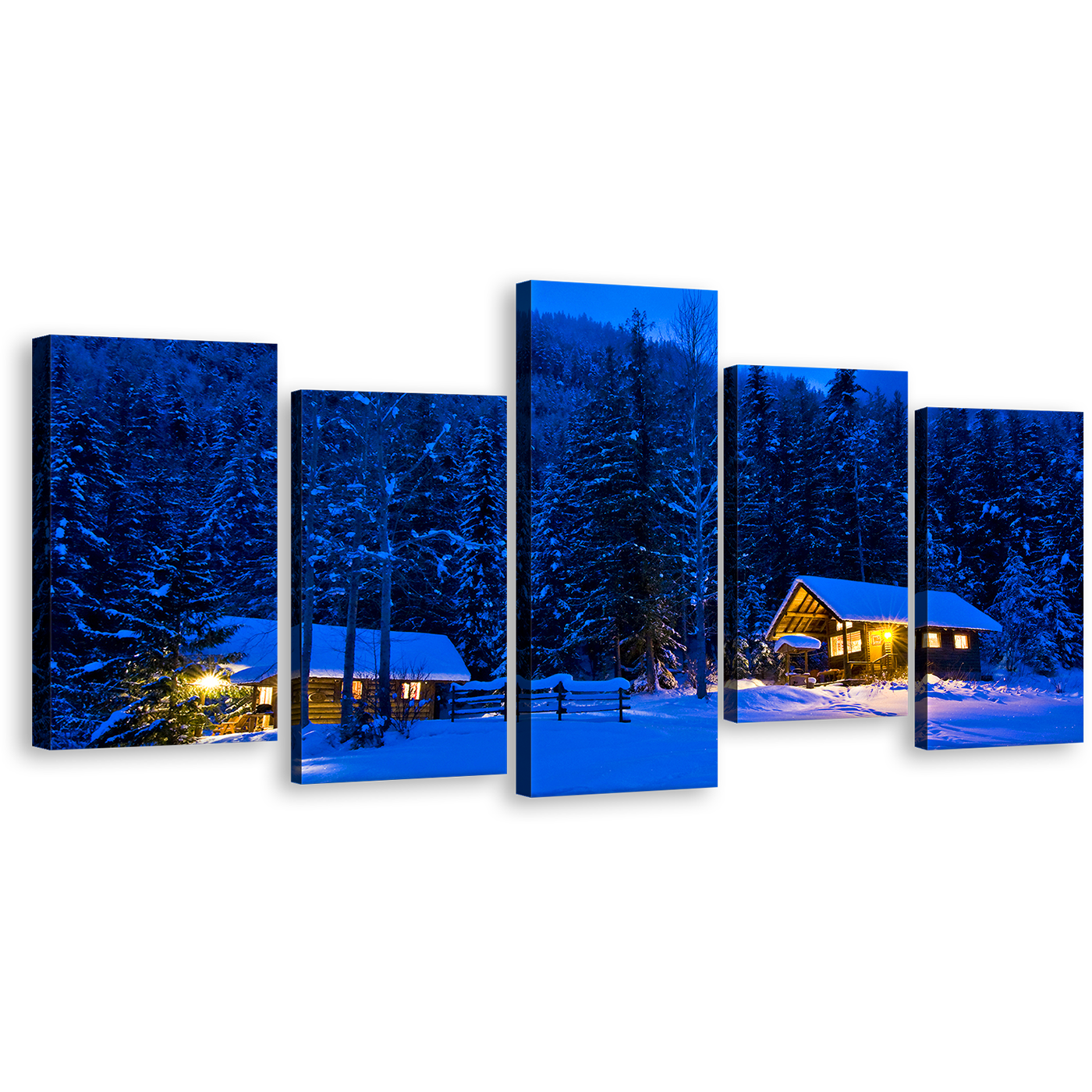 Winter Forest Canvas Print, Yellow Cabin Lights Snowy Nature Wall Art, Blue Night Trees Scenery 5 Piece Canvas Set