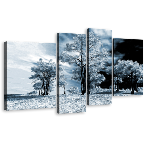 Winter Forest Canvas Wall Art, Contemporary Black Scenery 4 Piece Canvas Print, White Trees Scenery Multi Canvas Artwork