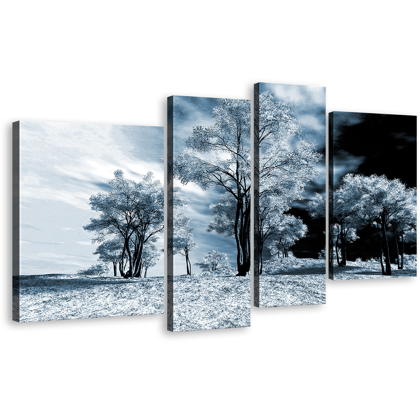 Winter Forest Canvas Wall Art, Contemporary Black Scenery 4 Piece Canvas Print, White Trees Scenery Multi Canvas Artwork