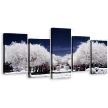 Load image into Gallery viewer, Winter Forest Canvas Wall Art, Snow Covered White Trees Forest 5 Piece Multi Panel Canvas, Blue Night Cloudy Sky Scenery Canvas Print
