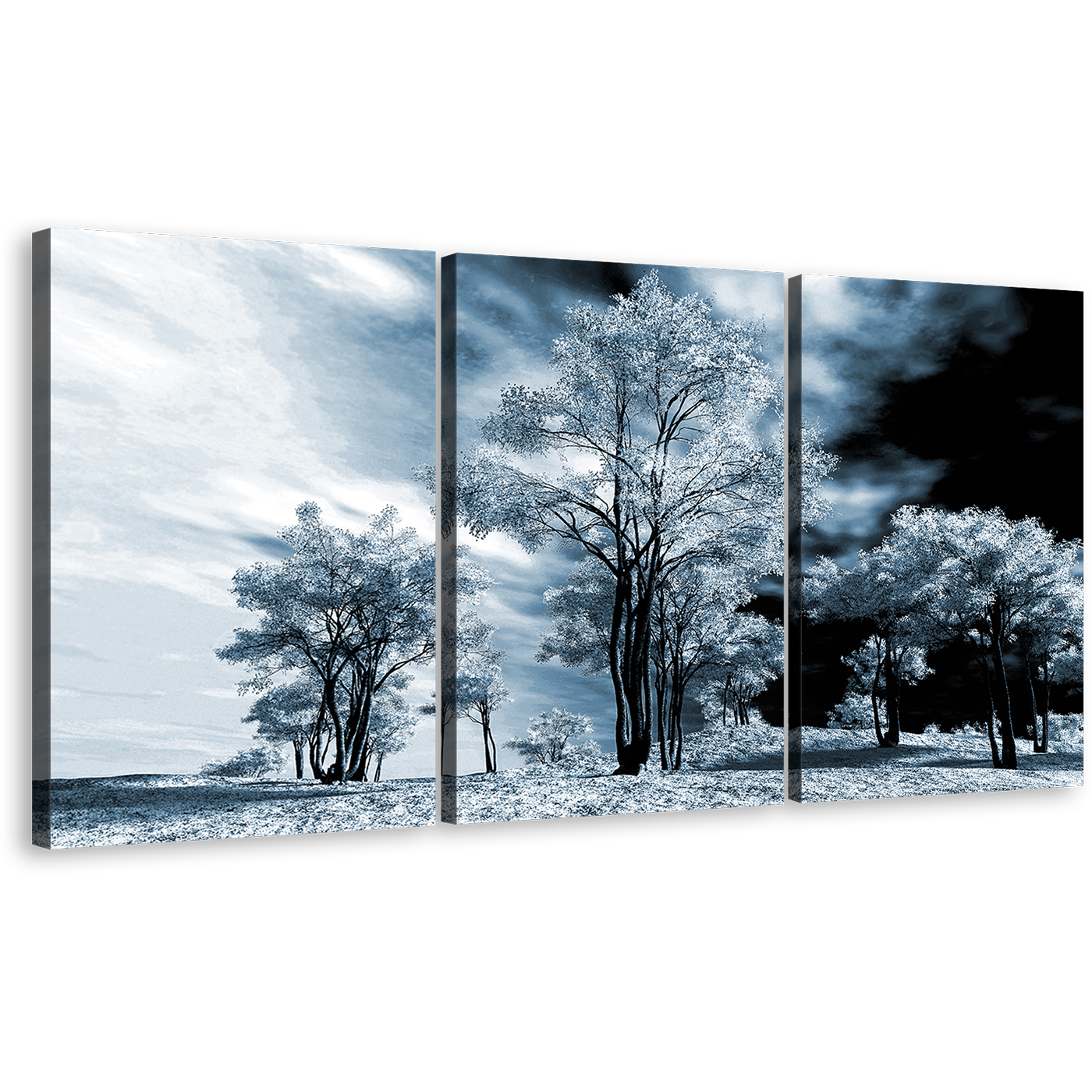 Winter Forest Canvas Wall Art, White Trees Scenery 3 Piece Canvas Set, Contemporary Black Scenery Triptych Canvas Print