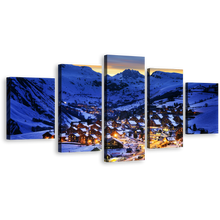 Load image into Gallery viewer, Winter Mountain Canvas Wall Art, Yellow Ski Resort Canvas Print, France Blue Evening Landscape 5 Piece Multiple Canvas
