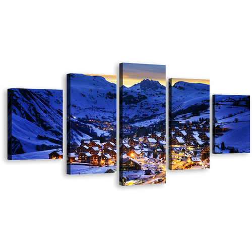 Winter Mountain Canvas Wall Art, Yellow Ski Resort Canvas Print, France Blue Evening Landscape 5 Piece Multiple Canvas