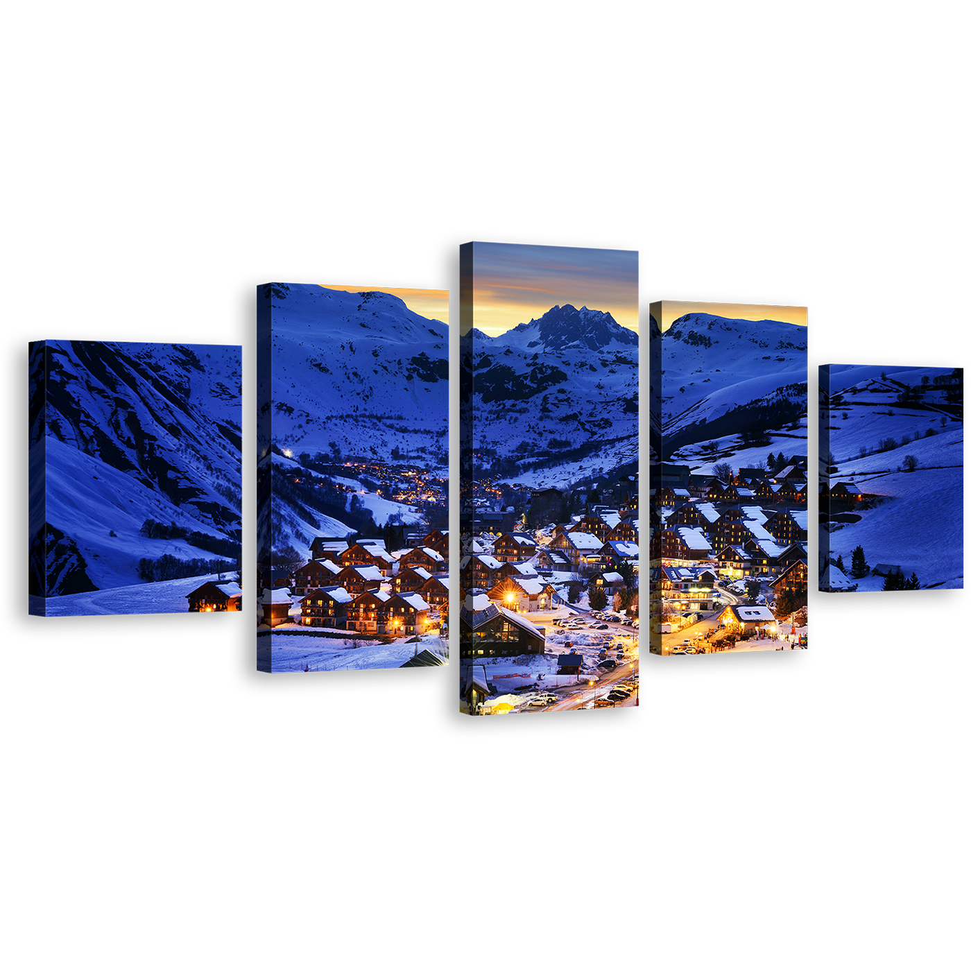 Winter Mountain Canvas Wall Art, Yellow Ski Resort Canvas Print, France Blue Evening Landscape 5 Piece Multiple Canvas