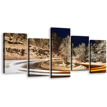 Load image into Gallery viewer, Winter Road Canvas Print, Snow Night Sky Multiple Canvas, Grey Trees Vortex light 5 Piece Canvas Wall Art, White Orange Light Trail Canvas Set
