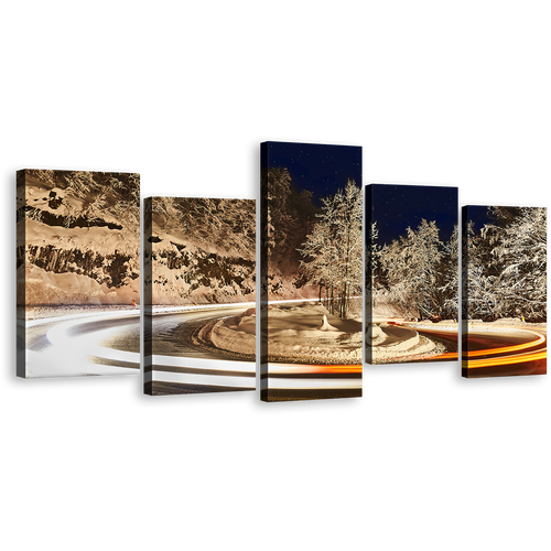 Winter Road Canvas Print, Snow Night Sky Multiple Canvas, Grey Trees Vortex light 5 Piece Canvas Wall Art, White Orange Light Trail Canvas Set