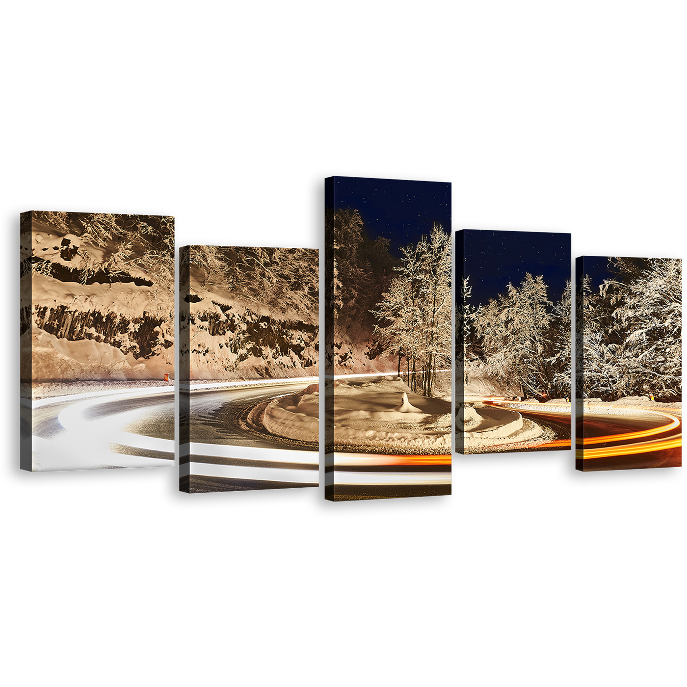 Winter Road Canvas Print, Snow Night Sky Multiple Canvas, Grey Trees Vortex light 5 Piece Canvas Wall Art, White Orange Light Trail Canvas Set