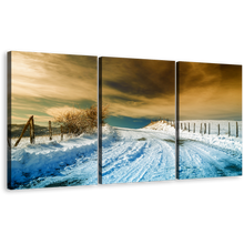 Load image into Gallery viewer, Winter Scenery Canvas Print, Beautiful Cloudy Brown Sky Wall Art, Snow Covered Road Scenery 3 Piece Canvas Set
