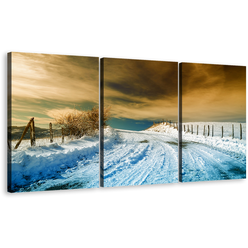 Winter Scenery Canvas Print, Beautiful Cloudy Brown Sky Wall Art, Snow Covered Road Scenery 3 Piece Canvas Set