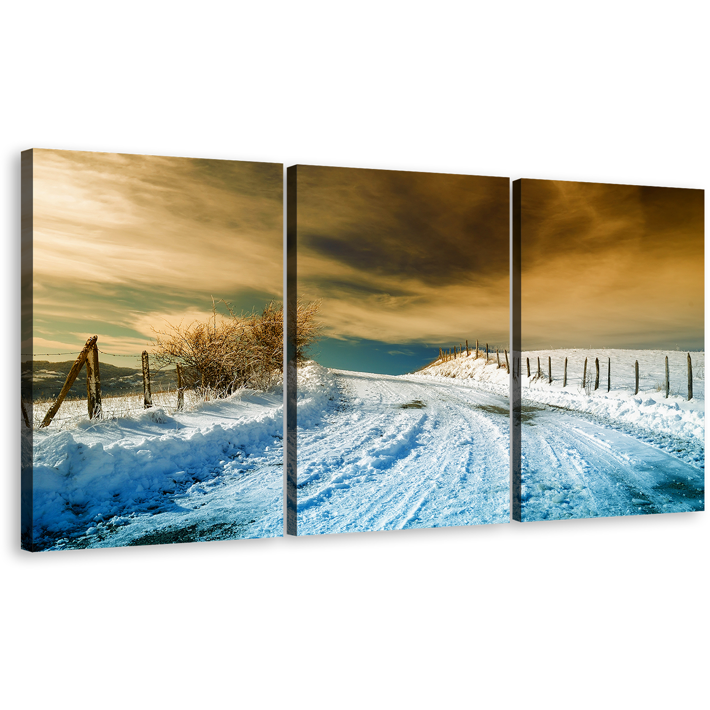 Winter Scenery Canvas Print, Beautiful Cloudy Brown Sky Wall Art, Snow Covered Road Scenery 3 Piece Canvas Set