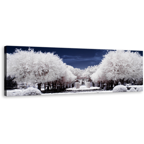 Winter Scenery Canvas Wall Art, Snow Covered White Trees Forest Panoramic Canvas Artwork, Blue Night Cloudy Sky Canvas Print