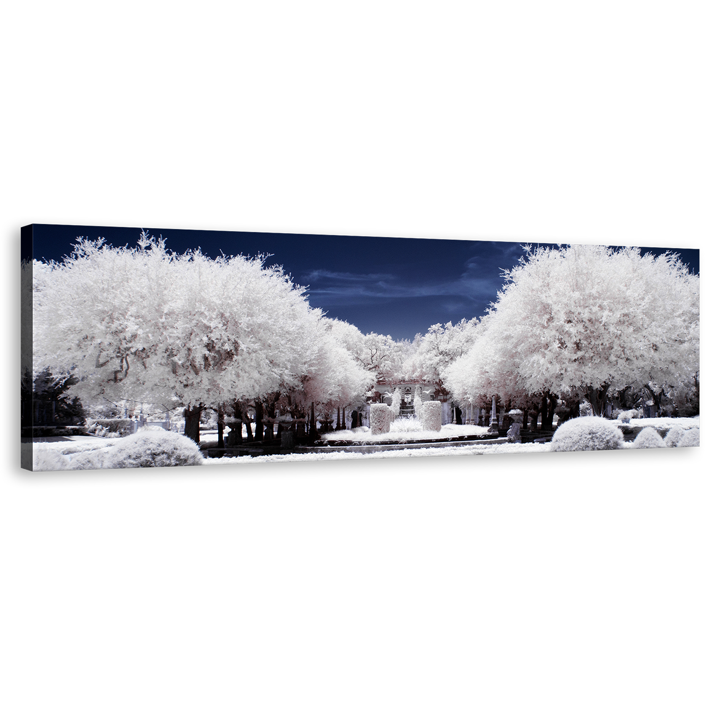 Winter Scenery Canvas Wall Art, Snow Covered White Trees Forest Panoramic Canvas Artwork, Blue Night Cloudy Sky Canvas Print